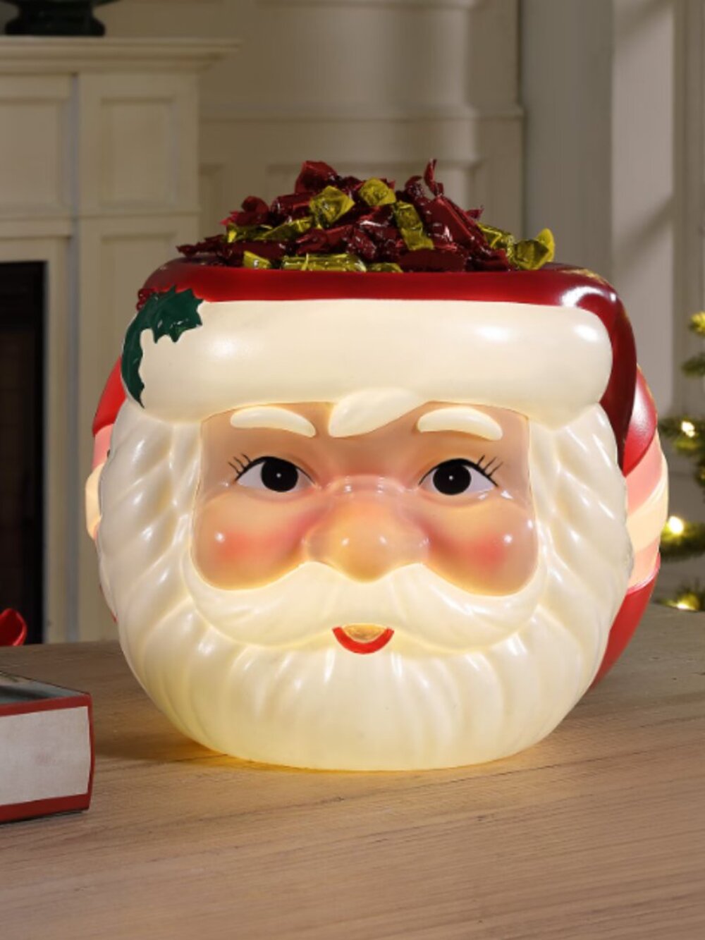 Santa Claus Face Blow Mold Lighted Candy Dish Vintage Retro Christmas Decor NEW